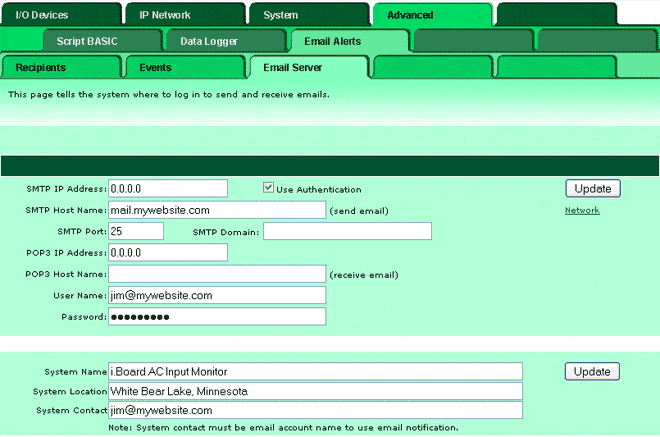 Screen shot showing email server setup in IB-100 Modbus web server