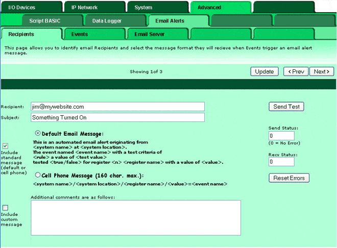 Screen shot showing email recipient setup in IB-100 Modbus web server