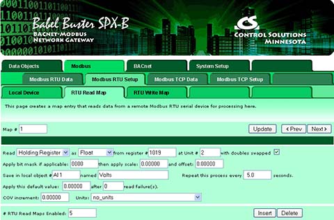 Screen shot from BB2-7010 BACnet IP to Modbus Gateway