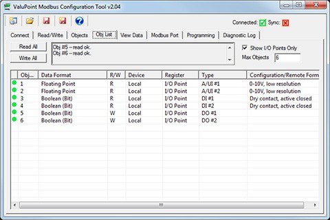 Screen shot of configuration tool for VP4-0610 Programmable I/O for Modbus RTU