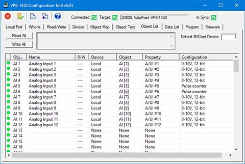 Screen shot of configuration tool for VP4-0630 Programmable I/O for BACnet MS/TP