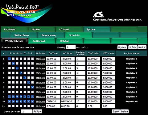 Scheduler screen shot from BB3-6101-MQ Modbus IoT Gateway