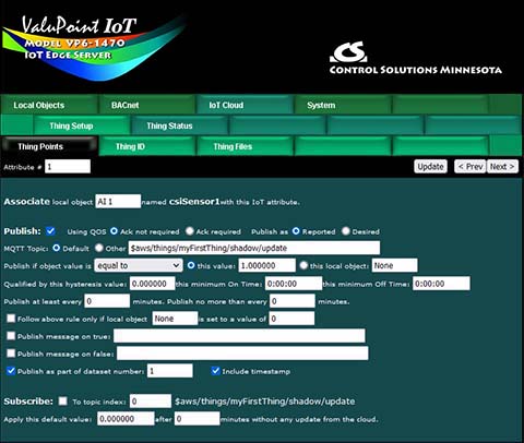 Configuration screen shot from BB3-7301-MQ BACnet IoT Gateway